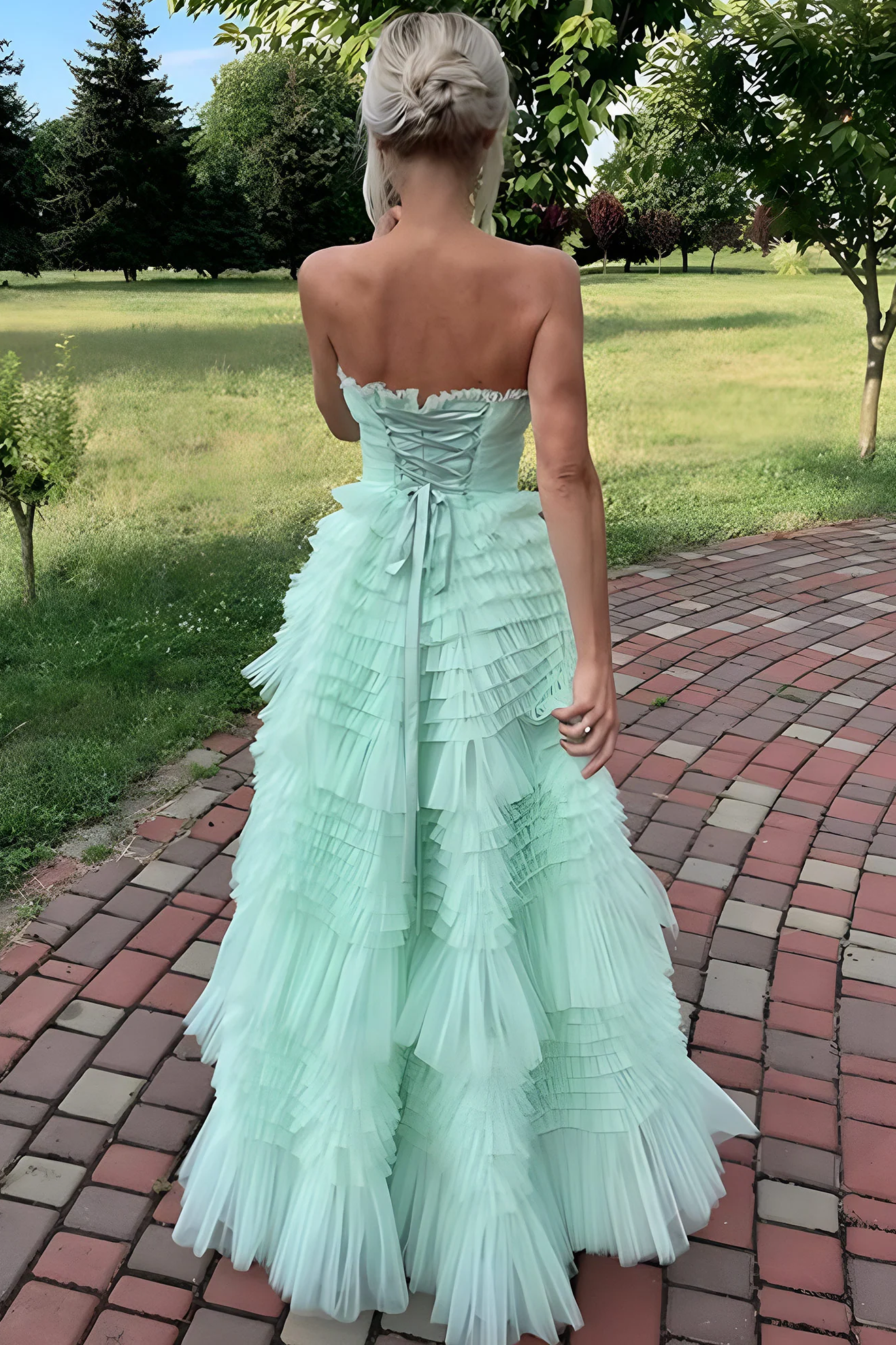 Mint Strapless Scoop Neck Layered Tulle A-Line Prom Dress