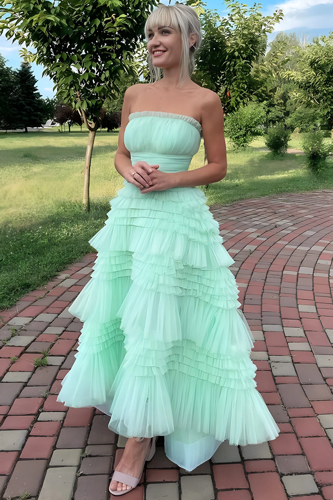 Mint Strapless Scoop Neck Layered Tulle A-Line Prom Dress