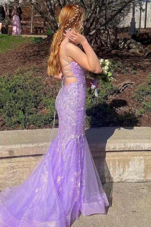 Mermaid Spaghetti Straps Lace Appliques Long Prom Dress