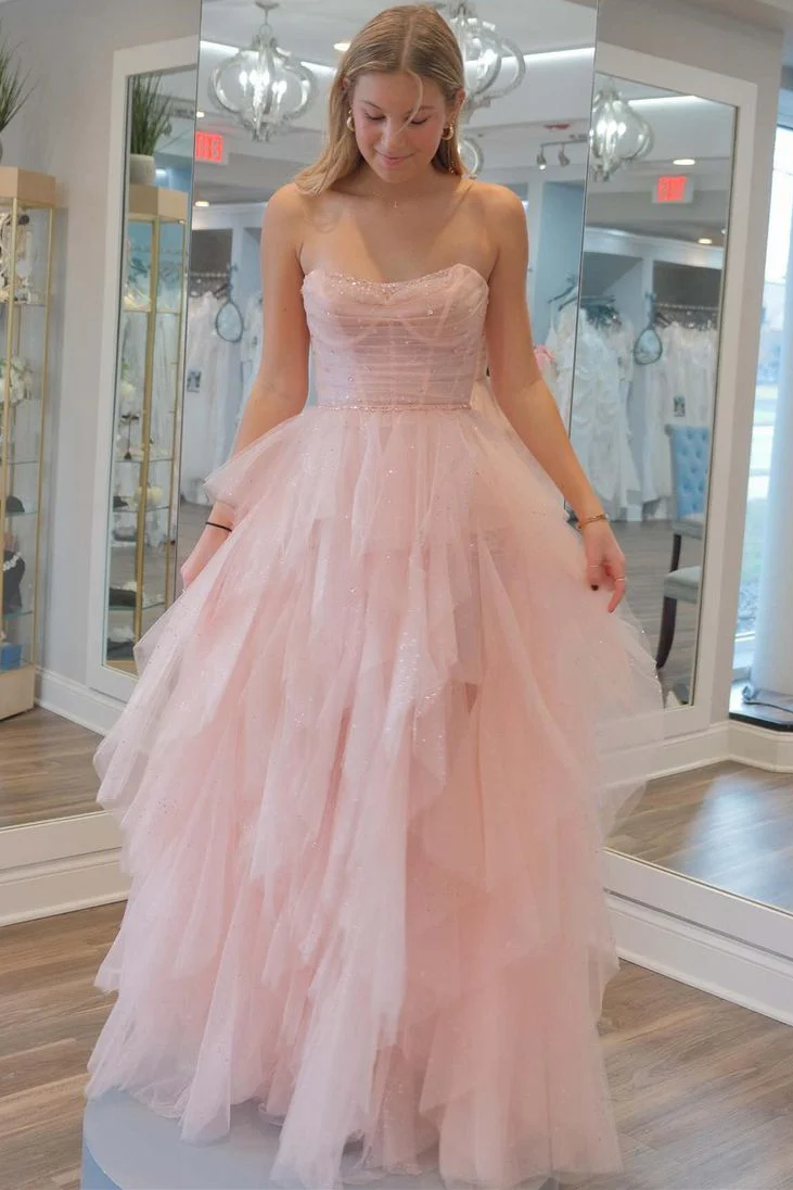 Pink A-Line Strapless Ruffles Tulle Sleeveless Long Formal Prom Dress