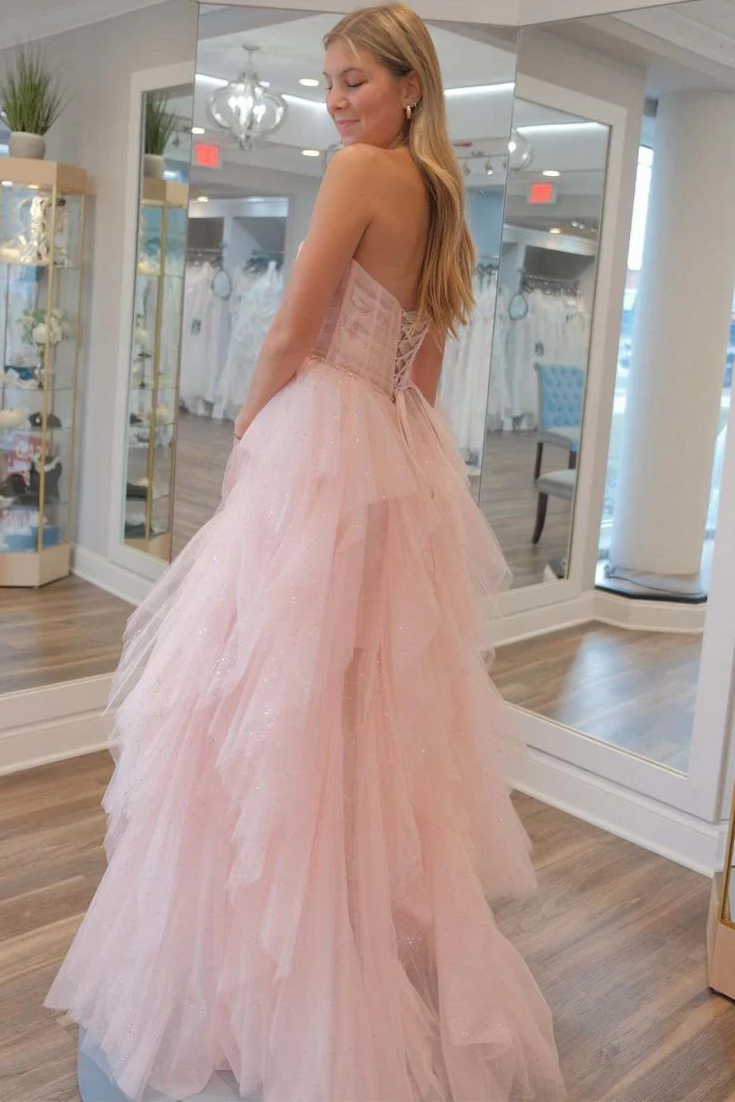 Pink A-Line Strapless Ruffles Tulle Sleeveless Long Formal Prom Dress