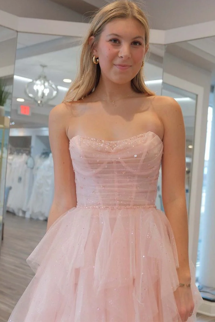 Pink A-Line Strapless Ruffles Tulle Sleeveless Long Formal Prom Dress