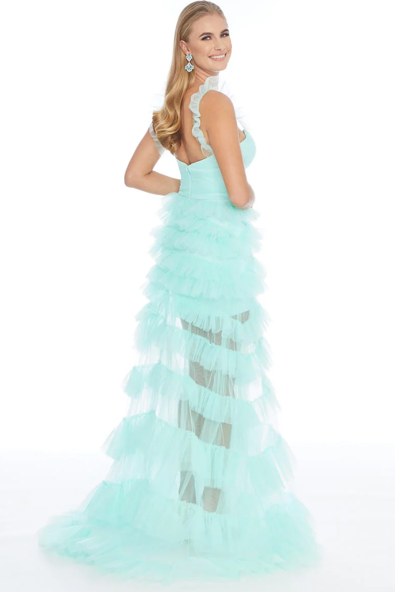 Mint A-Line Straps Sweetheart Layered Tulle Long Prom Dress with Slit