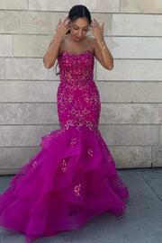 Mermaid Strapless Appliques Scoop Neck Ruched Sleeveless Prom Dress