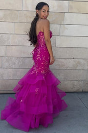 Mermaid Strapless Appliques Scoop Neck Ruched Sleeveless Prom Dress