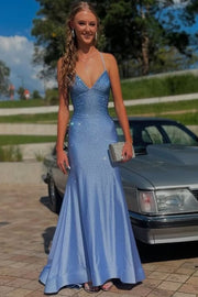 Spaghetti Straps V-Neck Rhinestone Mermaid Long Formal Prom Dress