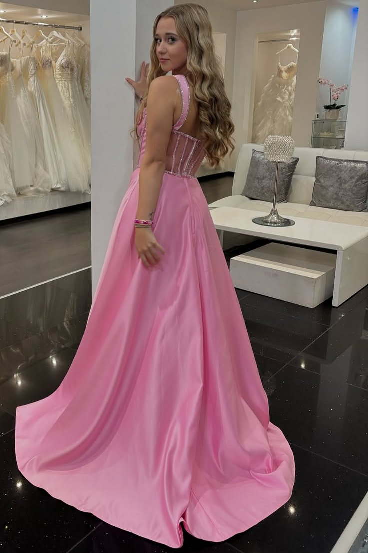 Cute Pink A-Line V-Neck Satin Pleated Long Formal Prom Dress with Slit Modsele Cute Pink A-Line V-Neck Satin Pleated Long Formal Prom Dress with Slit Modsele