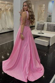 Cute Pink A-Line V-Neck Satin Pleated Long Formal Prom Dress with Slit