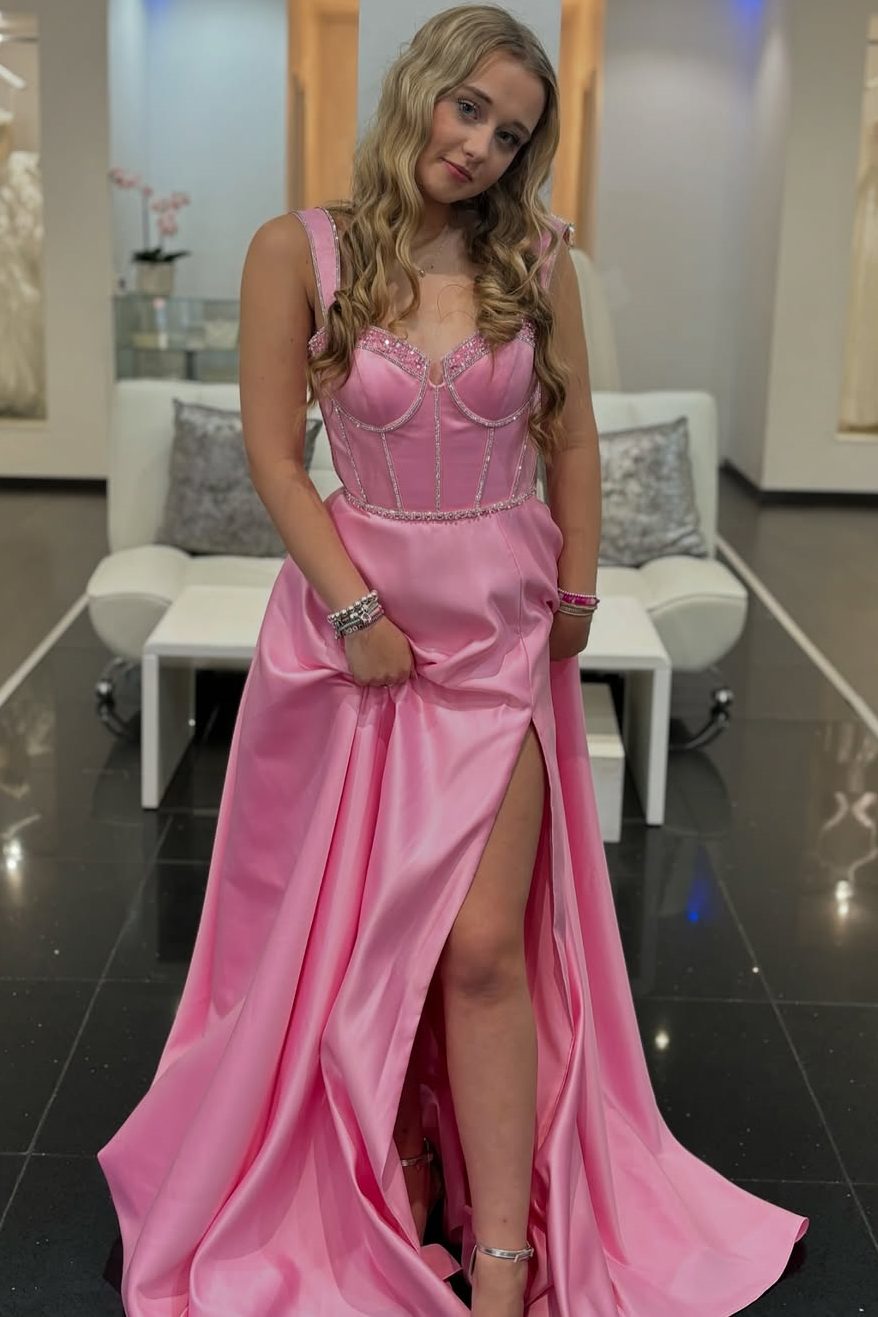 Cute Pink A-Line V-Neck Satin Pleated Long Formal Prom Dress with Slit