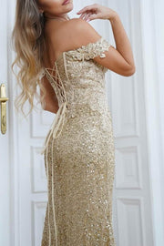 Off-Shoulder V-Neck Appliques Mermaid  Formal Prom Dress with Slit