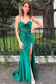 Spaghetti Straps Mermaid Pleated Satin High Slit Long Formal Prom Dress