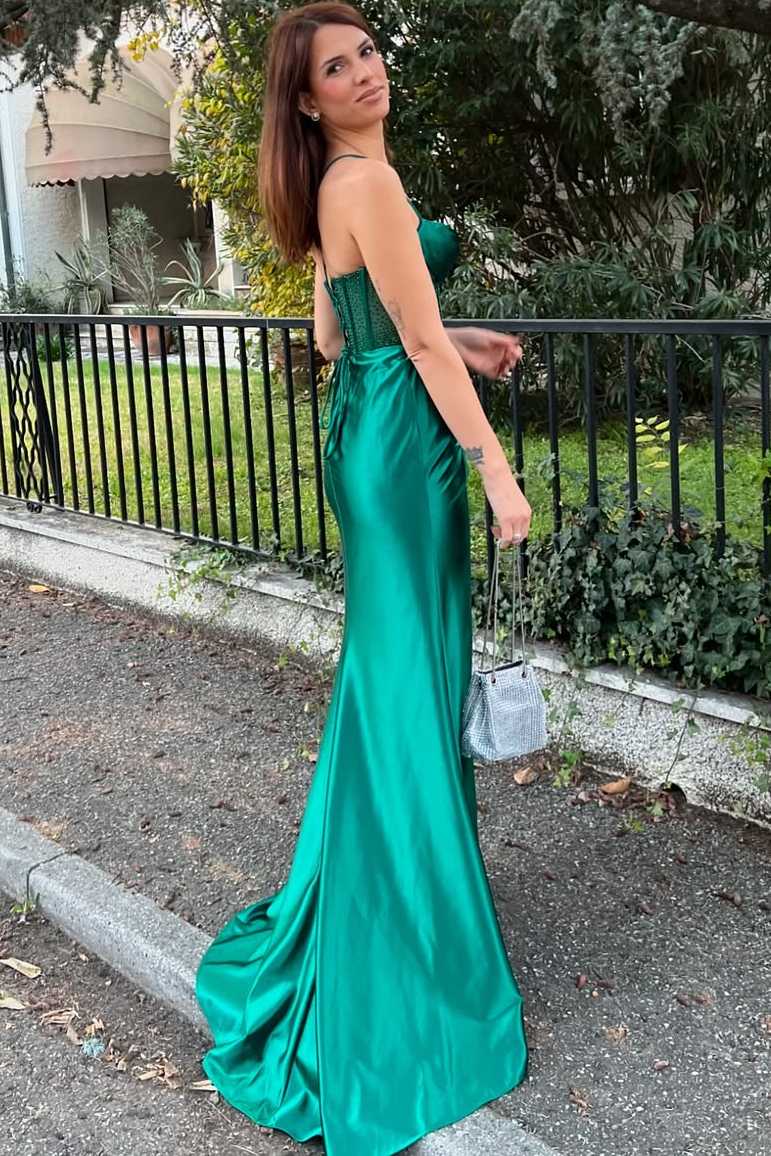 Spaghetti Straps Mermaid Pleated Satin High Slit Long Formal Prom Dress