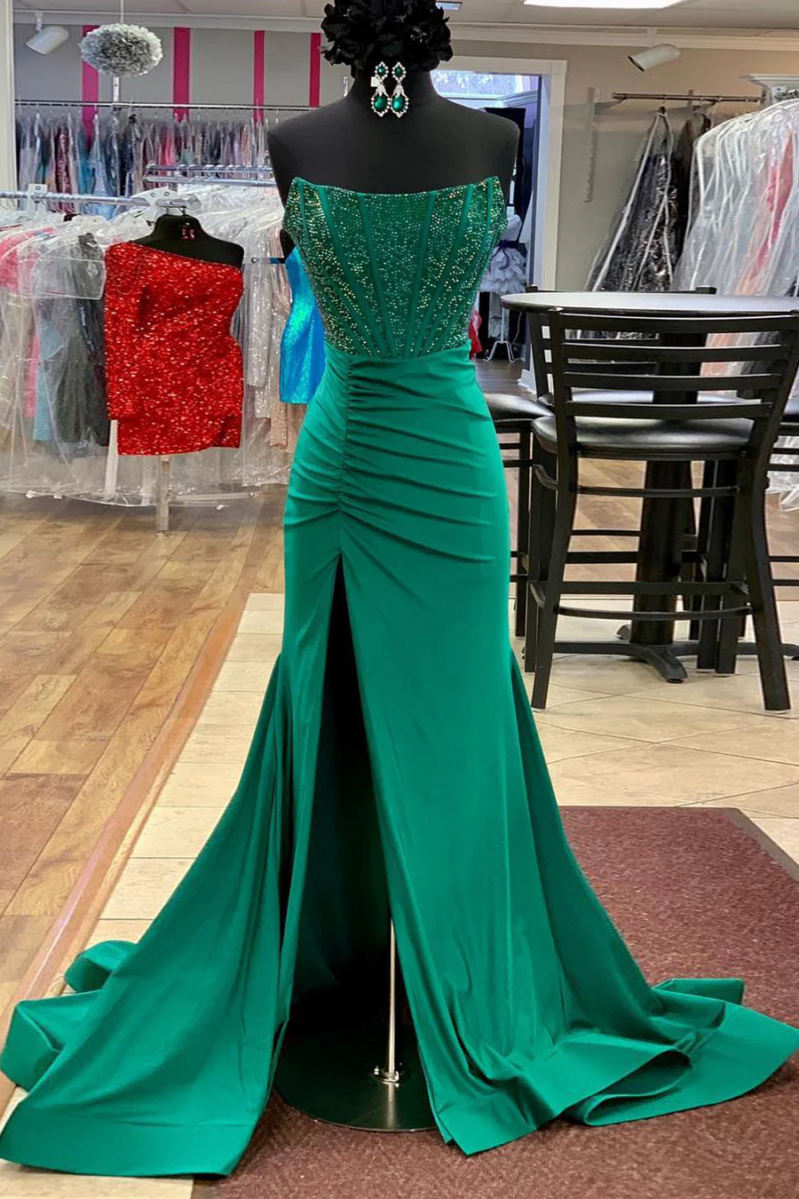 Mermaid Strapless Scoop Beads Pleated Formal Prom Dress with Slit