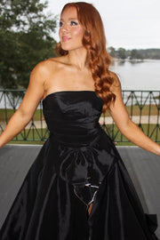 Black Strapless Scoop Neck A-Line Satin Bow Long Prom Dress with Slit