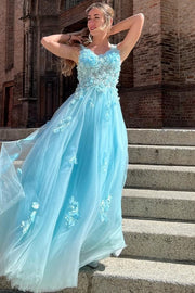 A-Line V-Neck Straps Appliques Sleeveless Tulle Long Prom Dress