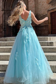 A-Line V-Neck Straps Appliques Sleeveless Tulle Long Prom Dress