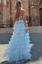 Blue Strapless Sweetheart A-Line Layered Tulle Long Prom Dress