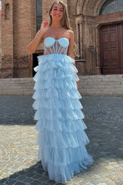 Blue Strapless Sweetheart A-Line Layered Tulle Long Prom Dress