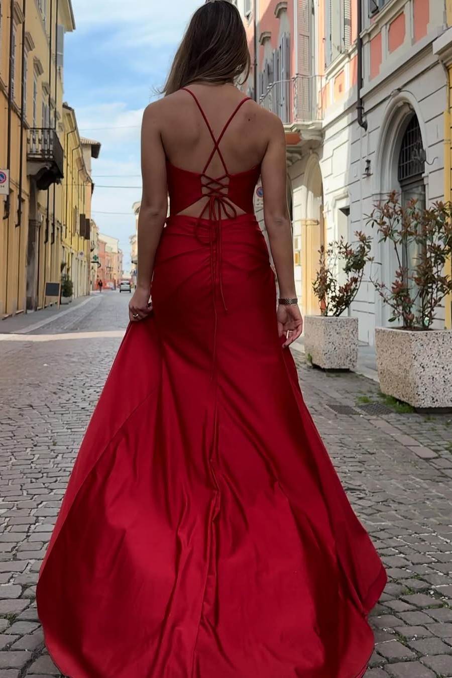 Spaghetti Straps V-Neck Satin Pleated Mermaid Prom Formal Dress with Slit