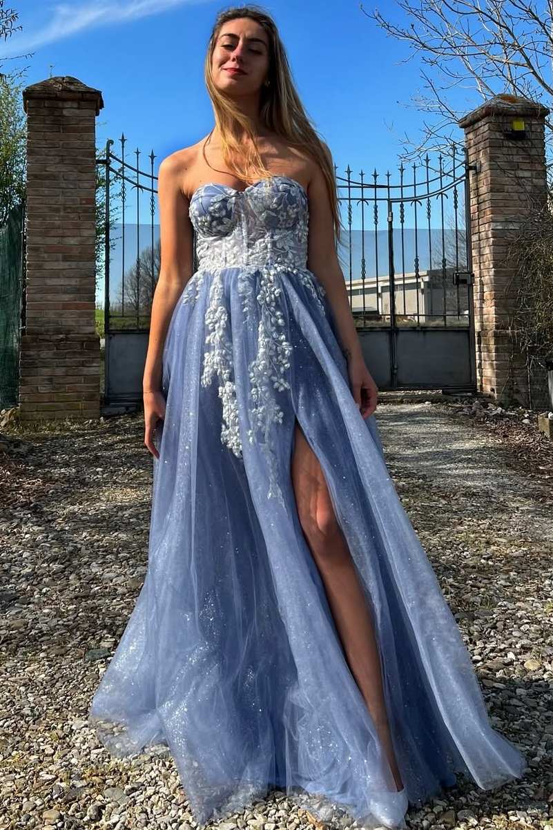 Sweetheart A-Line Strapless Lace Appliques Prom Dress with Slit – Modsele