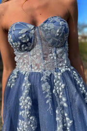 Sweetheart A-Line Strapless Lace Appliques Prom Dress with Slit