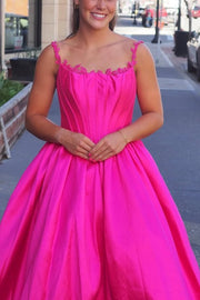 Hot Pink A-Line Straps Square Neck Satin Pleated Long Prom Dress