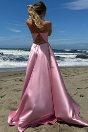 Satin Spaghetti Straps Pleated Square Neck Empire-Waist Formal Prom Dress