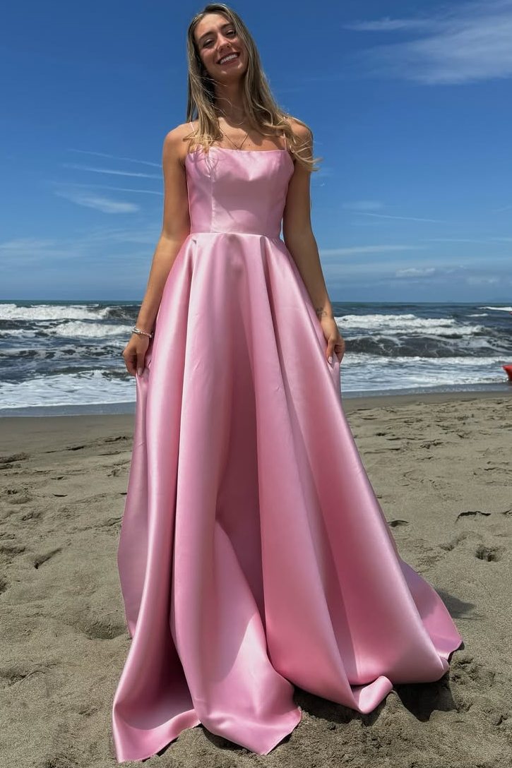 Satin Spaghetti Straps Pleated Square Neck Empire-Waist Formal Prom Dress