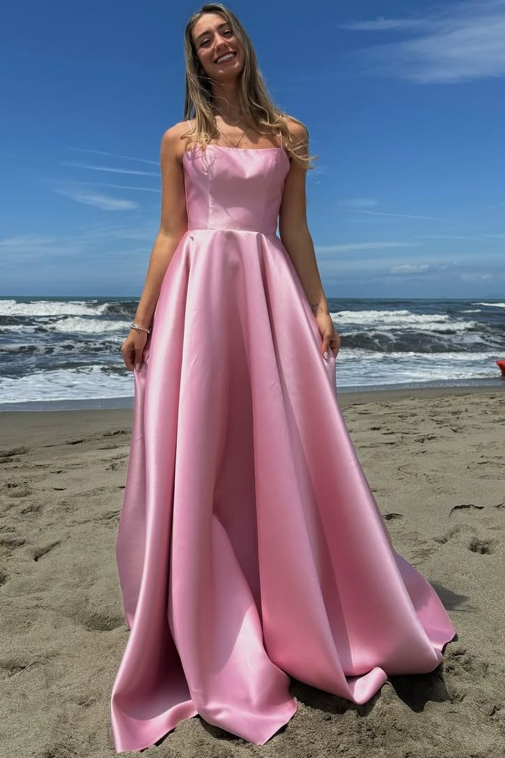 Satin Spaghetti Straps Pleated Square Neck Empire-Waist Formal Prom Dr