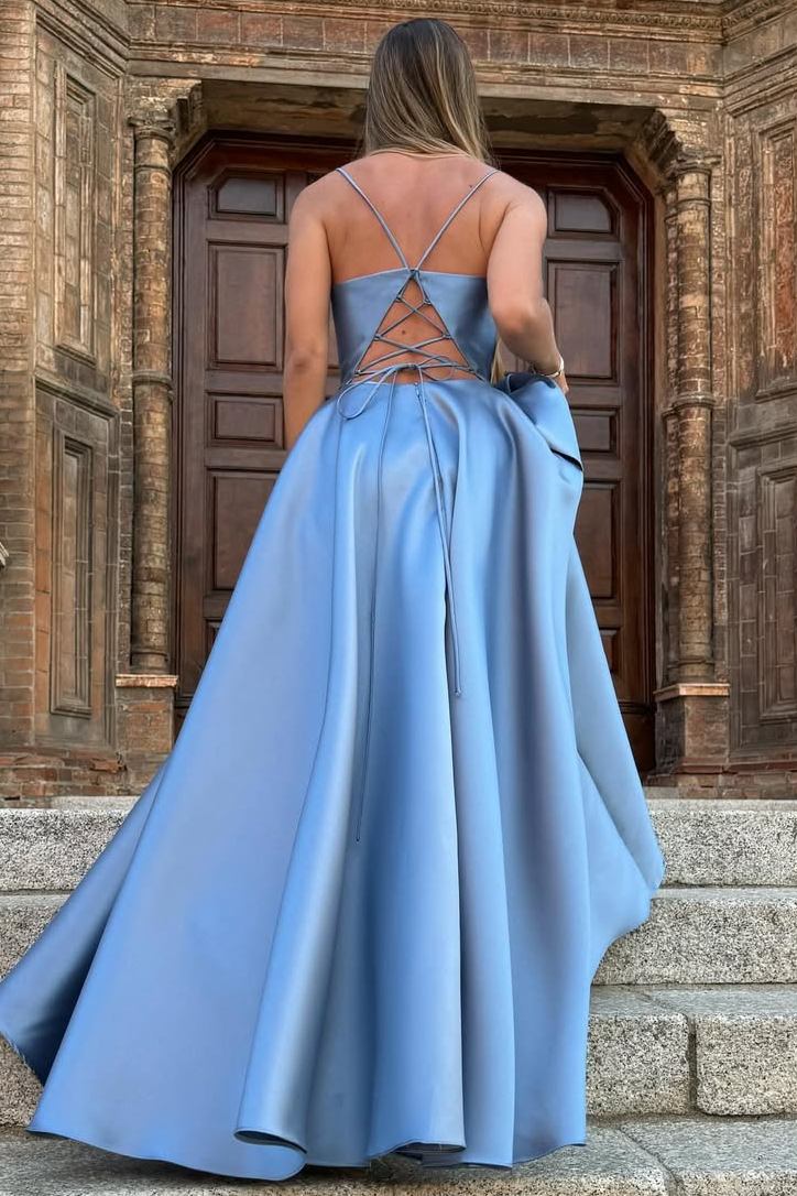 Satin Spaghetti Straps Pleated Square Neck Empire-Waist Formal Prom Dress