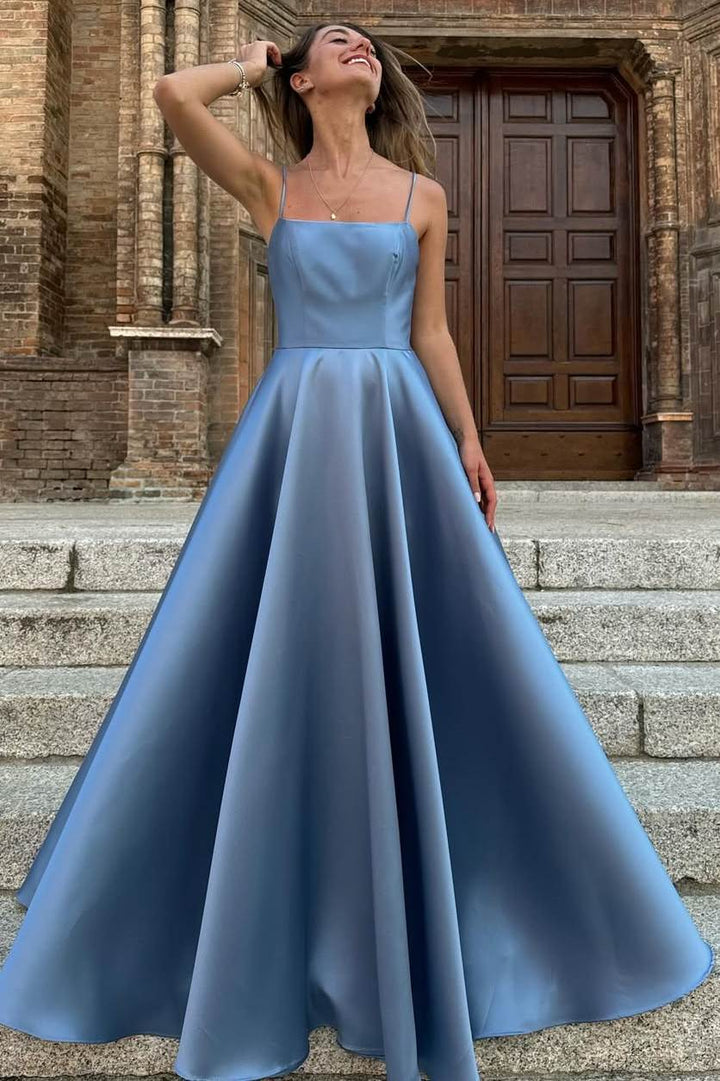 Satin Spaghetti Straps Pleated Square Neck Empire-Waist Formal Prom Dr