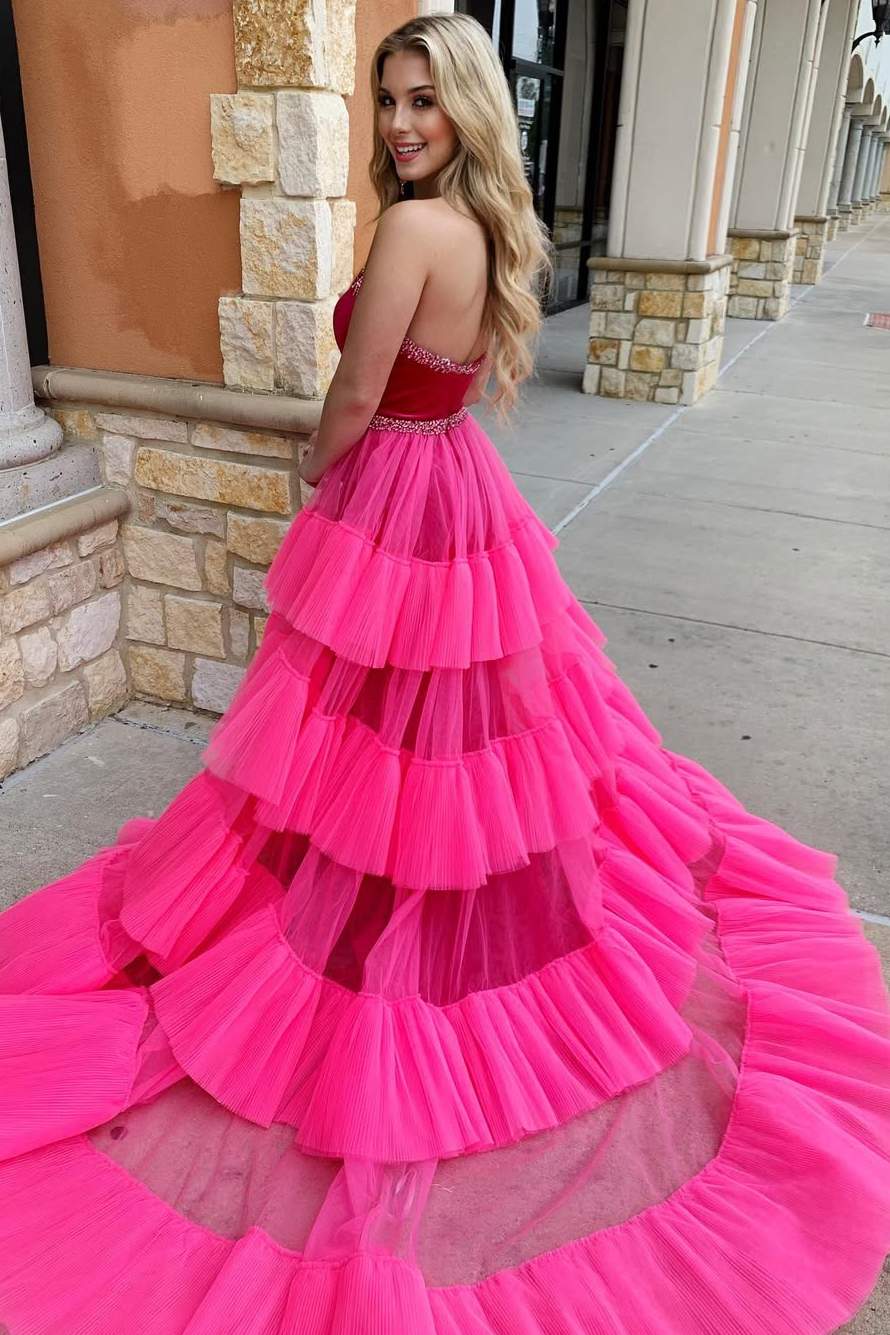 A-Line Strapless Scoop Beads Layered Tulle Long Prom Dress with Slit