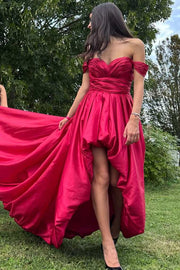 Off-Shoulder Sweetheart Pleated Satin A-Line Formal Prom Dress with Train