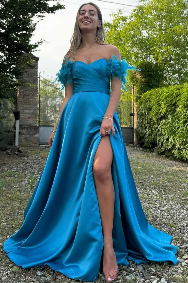 Off-Shoulder A-Line Sweetheart Satin High Slit Formal Prom Dress with Feather