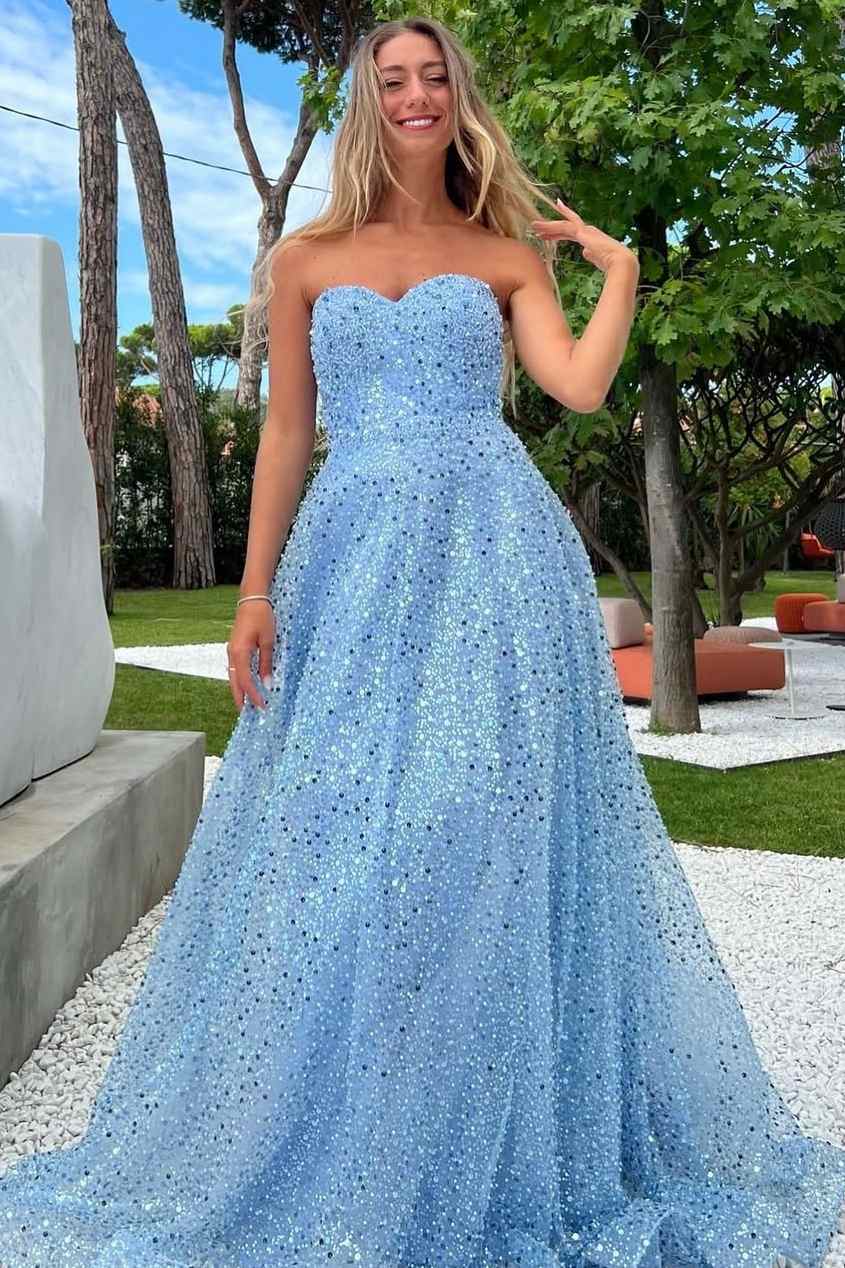 Sparkly A-Line Strapless Sweetheart Sequins Long Prom Dress