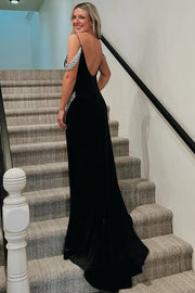 Black Cold Shoulder V-Neck Beads Mermaid Formal Prom Dress with Slit