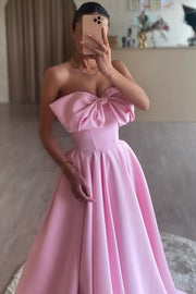 Pink A-Line Strapless Bow Satin Pleated Long Formal Prom Dress