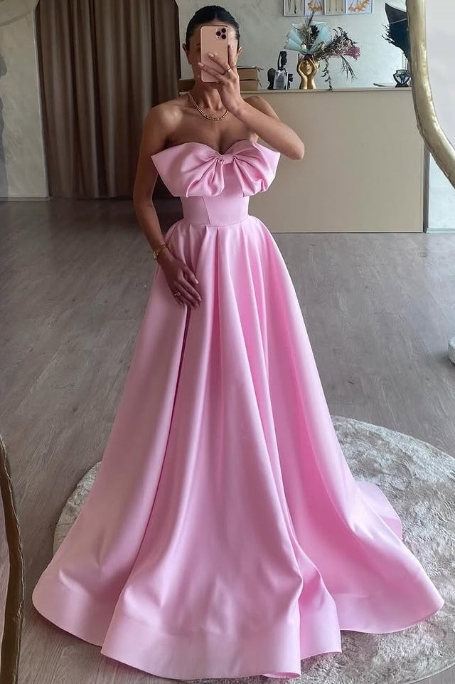 Pink A-Line Strapless Bow Satin Pleated Long Formal Prom Dress