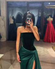 Strapless A-Line Scoop Neck Pleated High Slit Formal Prom Dress