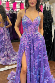 Spaghetti Straps V-Neck Lace Appliques Empire-Waist Prom Dress with Slit