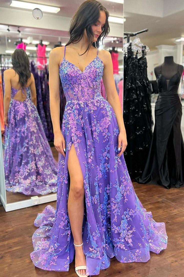 Spaghetti Straps V-Neck Lace Appliques Empire-Waist Prom Dress with Slit