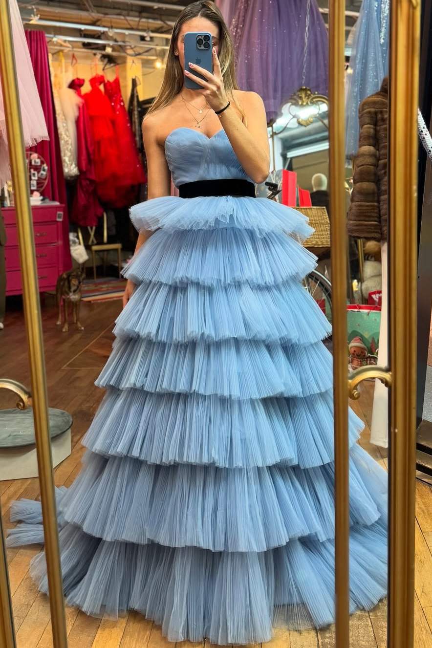 Cute Sweetheart Strapless Layered Tulle Empire-Waist Formal Prom Dress