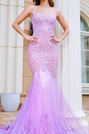 Mermaid V-Neck Spaghetti Straps Lace Appliques Long Prom Dress