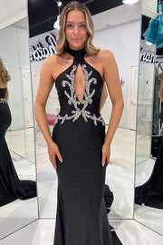 Black Halter Beads Mermaid Sleeveless Long Formal Prom Dress