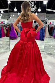 Red Strapless Scoop Neck Pleated Satin Mermaid Prom Dress with Bow