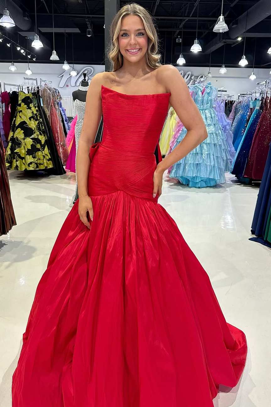 Red Strapless Scoop Neck Pleated Satin Mermaid Prom Dress with Bow