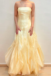 Yellow Strapless Scoop Neck Ruffles Sleeveless Formal Prom Dress