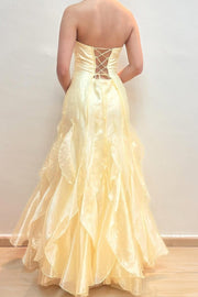 Yellow Strapless Scoop Neck Ruffles Sleeveless Formal Prom Dress