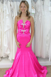 Pink Strapless Mermaid Bows Satin Pleated Long Prom Dress