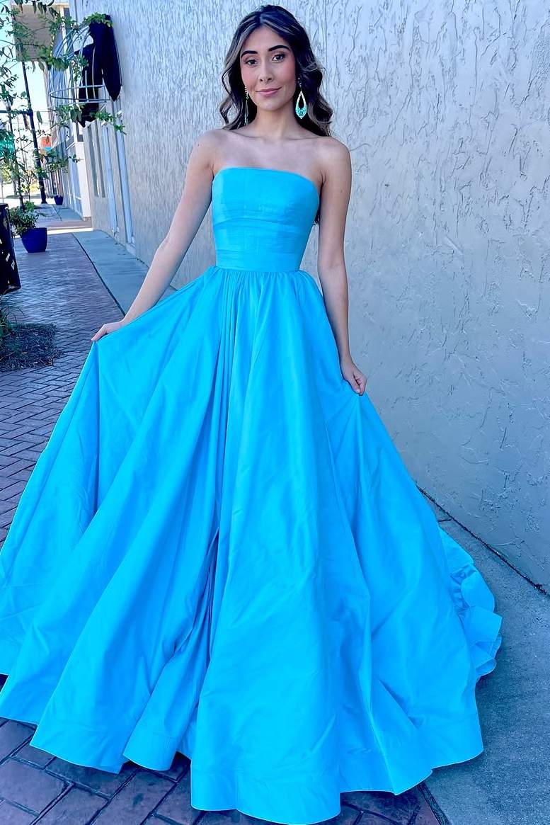 A-Line Satin Strapless Pleated Scoop Neck Empire-Waist Formal Prom Dress